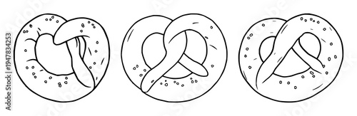 Pretzel set with flat 2D vector illustration featuring soft pretzel, salt crystals, bakery theme with bold black outlines and isolated white