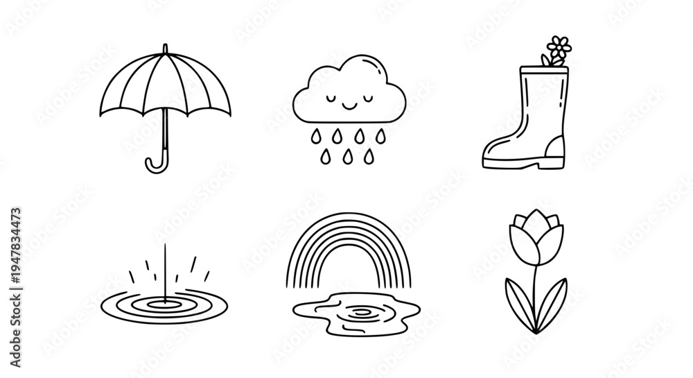 Fototapeta premium Set of weather icons including an umbrella, cloud with rain, rain boot, puddle, rainbow, and tulip