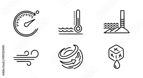 Set of Climate and Weather Phenomena Line Art Icons including Temperature, Wind, Water, and Storm