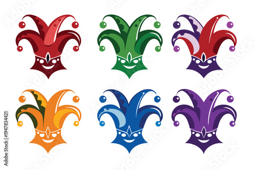 Colorful jester hats set for carnival and party. Joker hat collection for circus and entertainment vector.