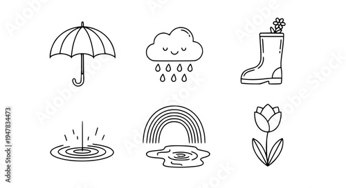 Set of weather icons including an umbrella, cloud with rain, rain boot, puddle, rainbow, and tulip