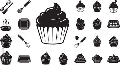 Black and white cupcake icons with baking tools