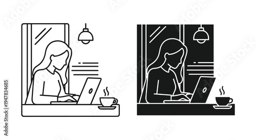 Black and white line drawing of a woman working on a laptop