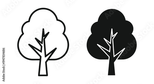 Two simple trees, one in black outline and the other solid black