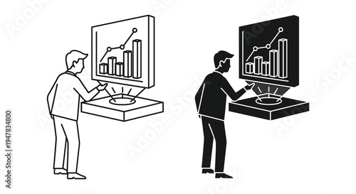 Illustration of a businessman interacting with a futuristic data visualization display