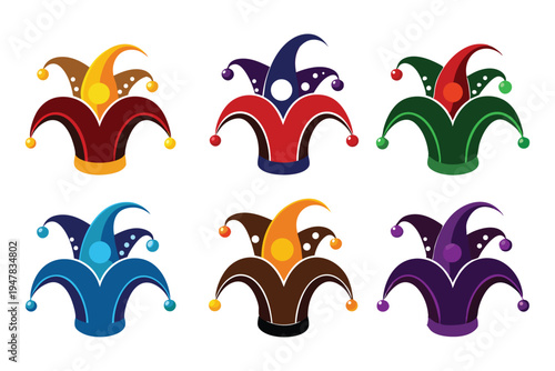 Colorful jester hats set for carnival and party. Joker hat collection for circus and entertainment vector.