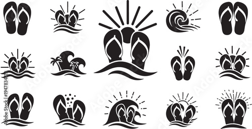 Black and white flip flop beach vacation icons set