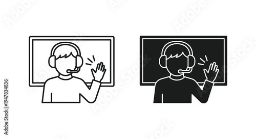 Two stylized icons representing customer support or telemarketing representatives waving hello