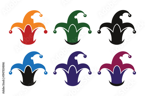 Colorful jester hats set for carnival and party. Joker hat collection for circus and entertainment vector.
