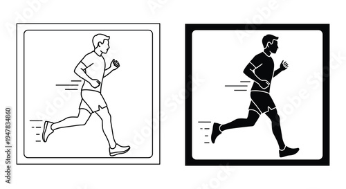 Monochrome minimalist illustration featuring a running man framed in line art