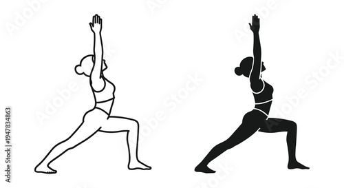 Silhouette and outline of a woman in a warrior one yoga pose