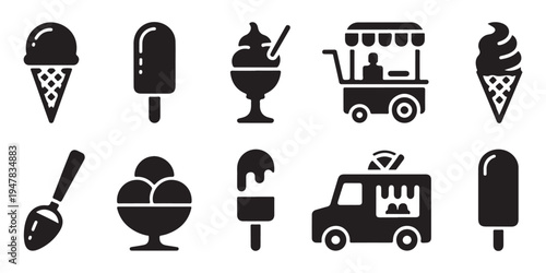 Set of ice cream icons isolated on white background, solid fill style, vector art design