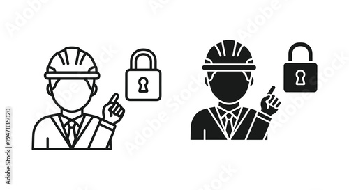 Illustrations depicting a construction worker pointing at a security padlock concept