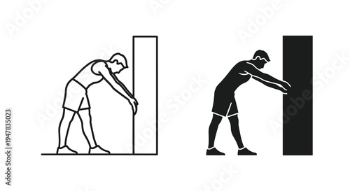 Illustration of a man stretching his calves against a wall, both outlined and filled
