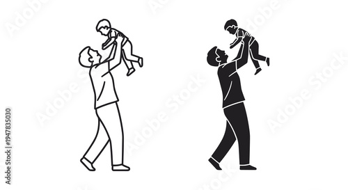 Father and baby playing together, a loving parent holding up their child in a joyful moment, presented as a black outline and solid silhouette vector icon set for family and parenting concepts.