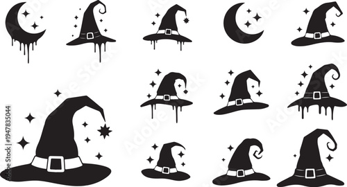 Black Silhouette Witch Hats and Crescent Moons Set