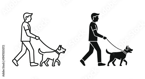 Dual Style Pictogram Illustration of Person Walking Dog on Leash Side View