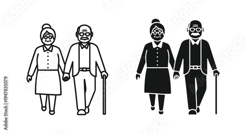 Monochrome image depicts two elderly couples holding hands and walking together