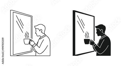 Man enjoying morning coffee while looking through window, minimalist vector illustration