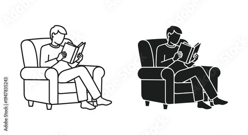 Two illustrations of a person sitting in an armchair reading a book