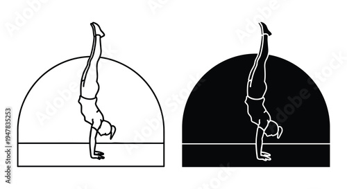 Black and white artwork of a yoga handstand pose in monochrome