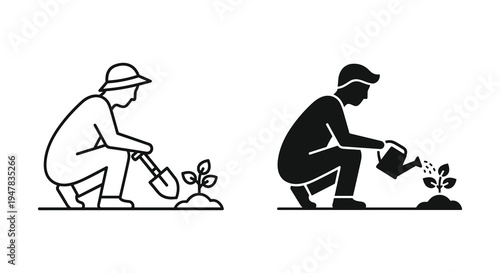 Iconographic illustration of a person planting a sapling and watering the plant