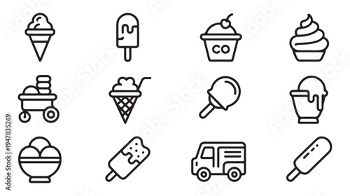 Ice cream outline vector icon set. sweet frozen desserts in various forms such as cones, cups, and carts