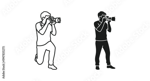 Two stylized depictions of a photographer capturing a moment with their camera