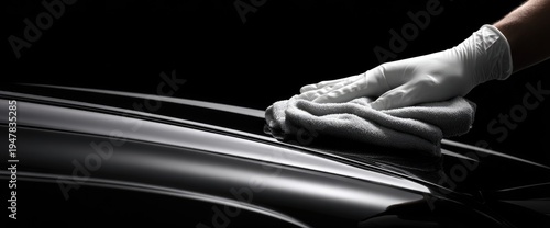Close-up of Hands in White Gloves Polishing a Shiny Black Car Surface.