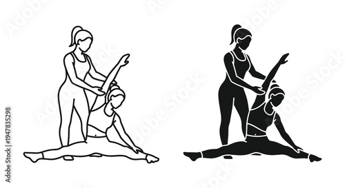 Silhouetted female fitness instructor helping student stretching in yoga class