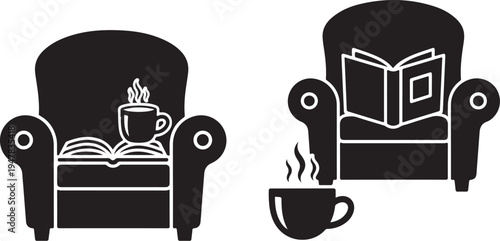 Cozy Reading Nook with Armchairs and Steaming Coffee Cups