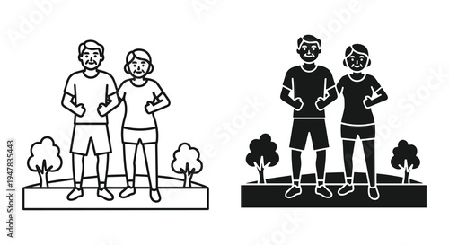 Older couple jogging side by side in a park, line drawing and silhouette