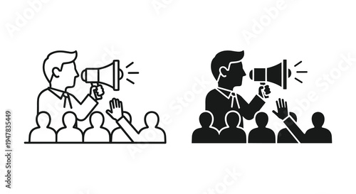 Speaker addressing a crowd of people using a megaphone in vector illustration
