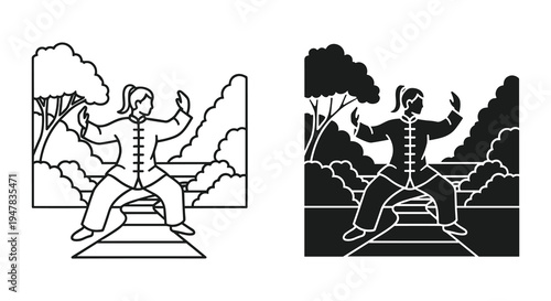 Monochrome vector illustration showing a woman performing Tai Chi outdoors, line art style