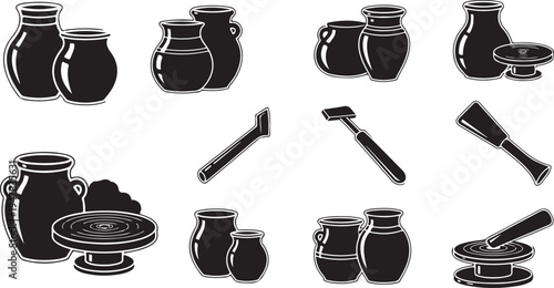 Black and white pottery and tools illustration set