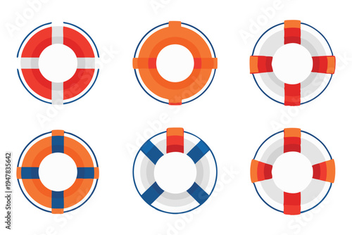 Lifebuoy and life ring set for marine safety. Nautical emergency rescue equipment vector illustration.