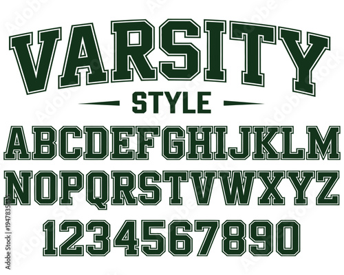 varsity style font alphabet and numbers, bold collegiate block letters perfect for sports jerseys, school apparel, team branding, poster designs, and printable typography projects.
