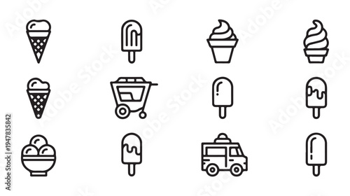 Outline icons of ice cream: cones, popsicles, sundaes, carts, and ice cream van