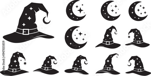 Black Silhouette Witch Hats and Crescent Moons Illustration