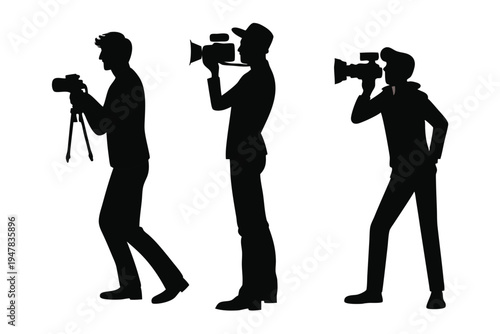 Professional photographer and videographer silhouette set. Media production and cameraman collection vector.