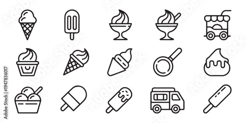 Frozen dessert line icon set including soft serve cones fruit popsicles sundae bowls and ice cream trucks