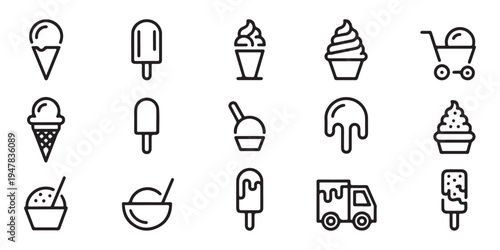Summer treat line icon series with various ice cream styles popsicles and mobile street food vendor carts