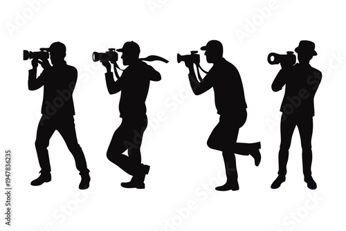 Professional photographer and videographer silhouette set. Media production and cameraman collection vector.