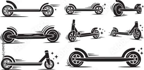 Collection of various electric scooter illustrations in motion
