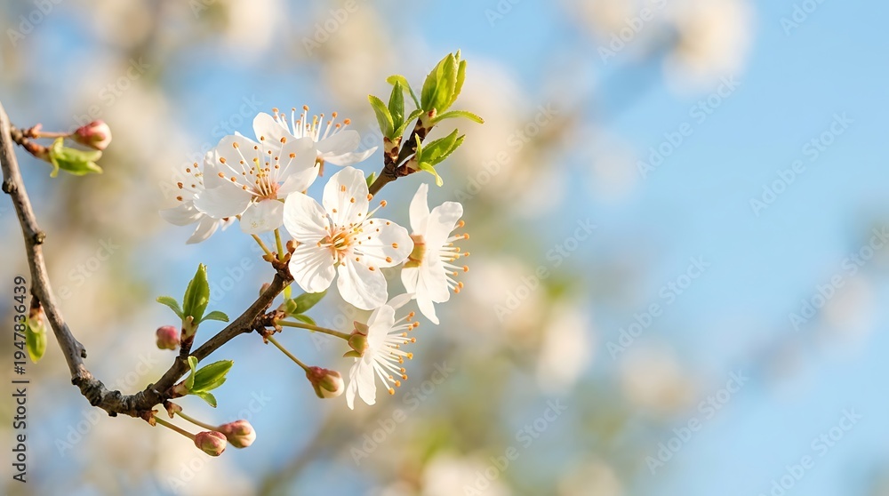 Fototapeta premium Delicate white cherry blossoms bloom on a branch, showcasing nature's ephemeral beauty in soft sunlight