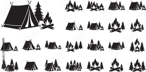 Camping icons and symbols for outdoor adventure travel