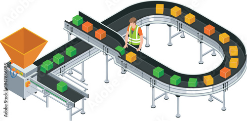 Automated conveyor belt system in warehouse, factory packaging line with worker sorting colorful boxes, industrial logistics production illustration