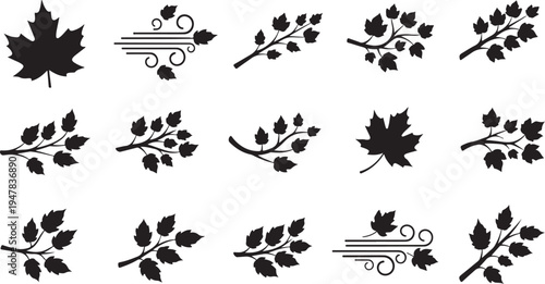 Black Leaf Silhouettes with Windy Abstract Elements Isolated