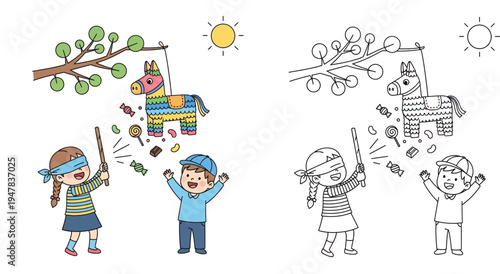 Blindfolded little girl hitting a donkey piñata with a boy cheering, falling candies, vector illustration including a black and white coloring page version for children.