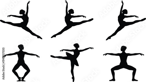 Ballet dancer silhouettes performing graceful jumps spins and poses isolated set showing classical dance movement elegance performance illustration